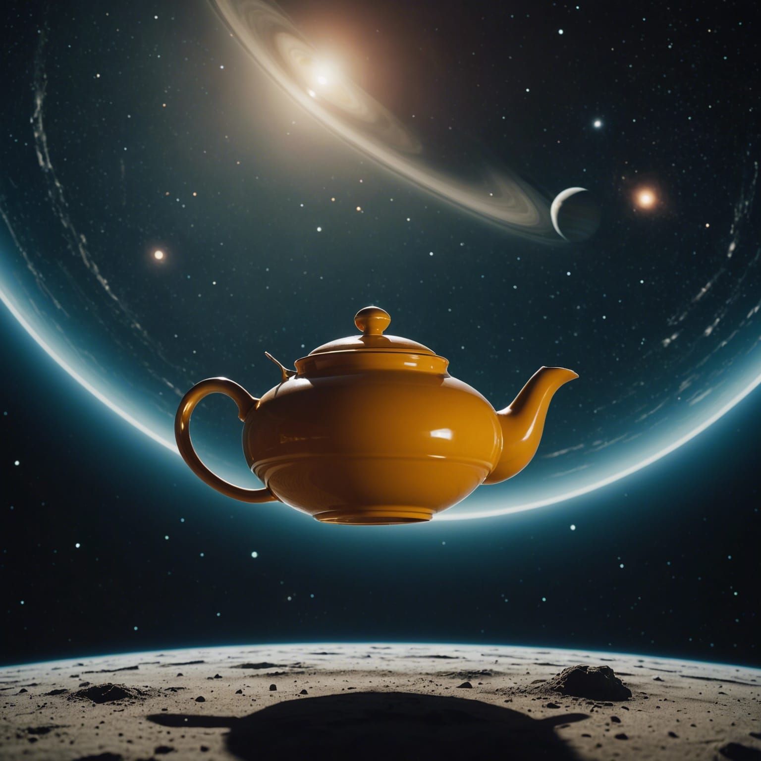 Teapot Floating Through Space with Saturn