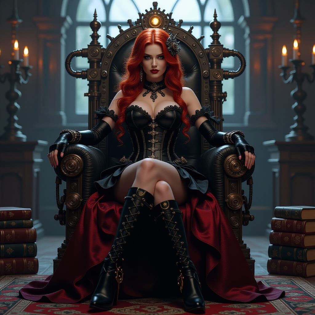 Steampunk Warrior Queen on Gear Throne in Dark Fantasy Style