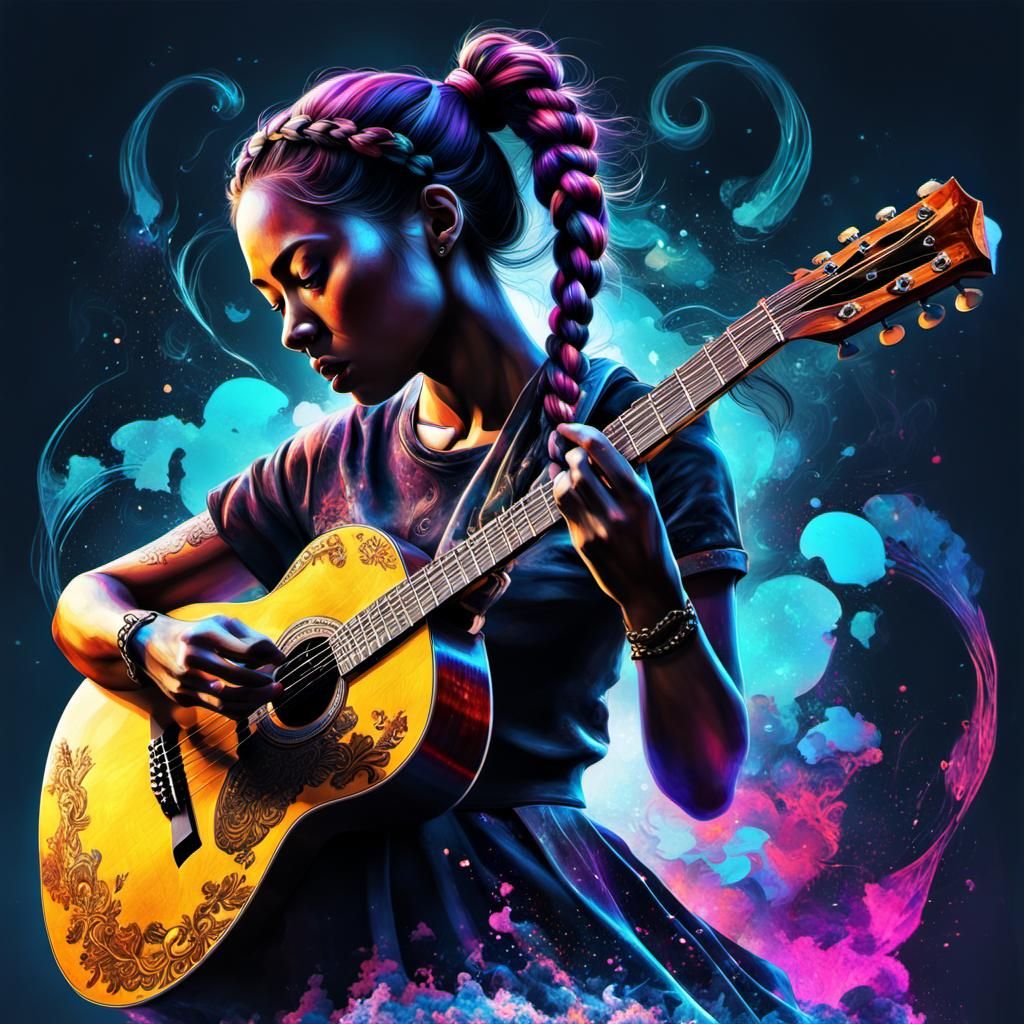 Surreal Collage: Girl with Guitar in Double Exposure