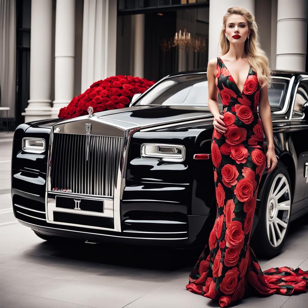 Blonde Lady in Roses Gown at Luxury Hotel