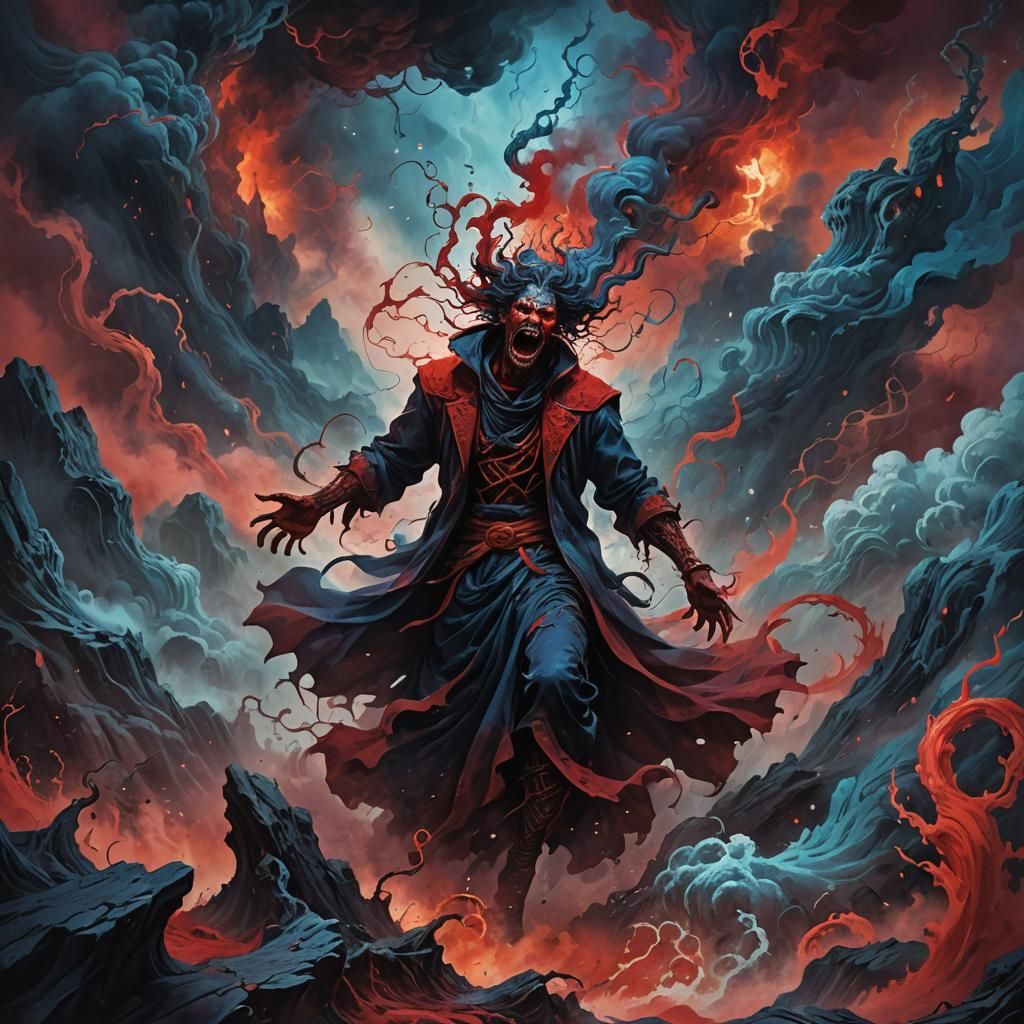 Dark Fantasy Figure Screams in Mystical Landscape