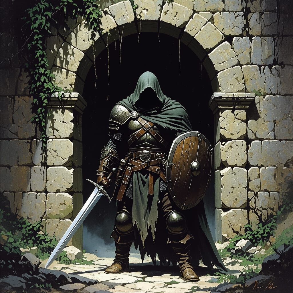 Dark Fantasy Warrior at Dungeon Entrance
