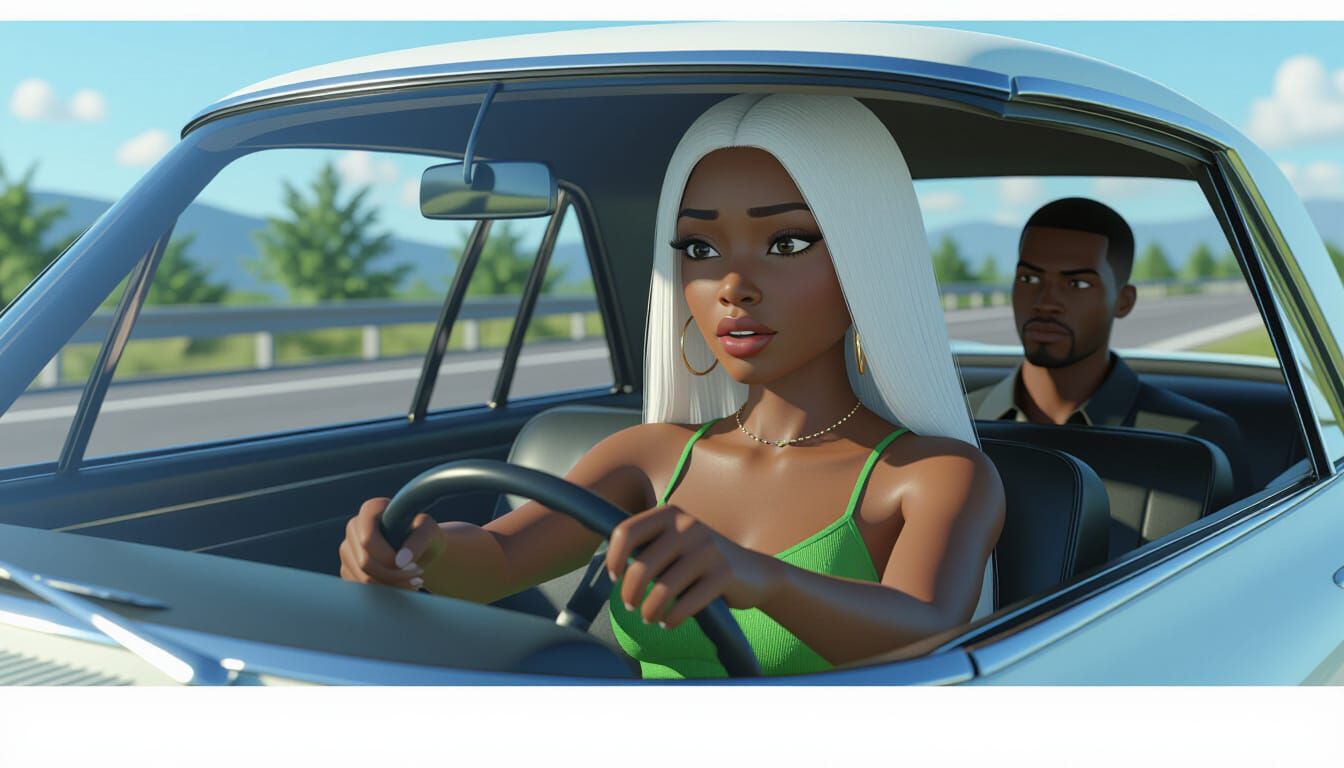 Scared Woman Driving, Shadow in Back Seat