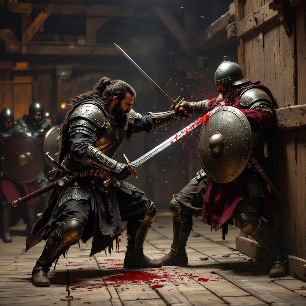 Heroic Warrior Defeats Imperial Soldiers in Fantasy Combat