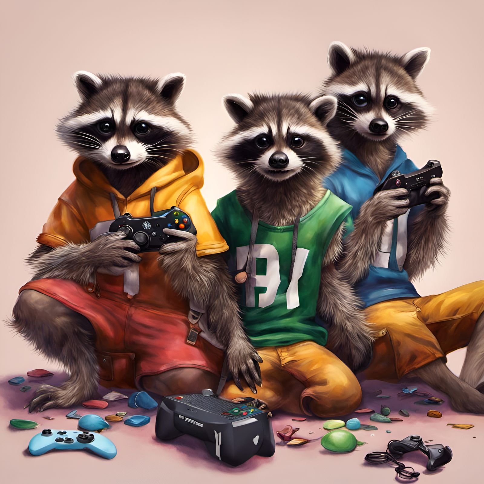 Raccoons Play Xbox: Hyperrealistic Digital Art