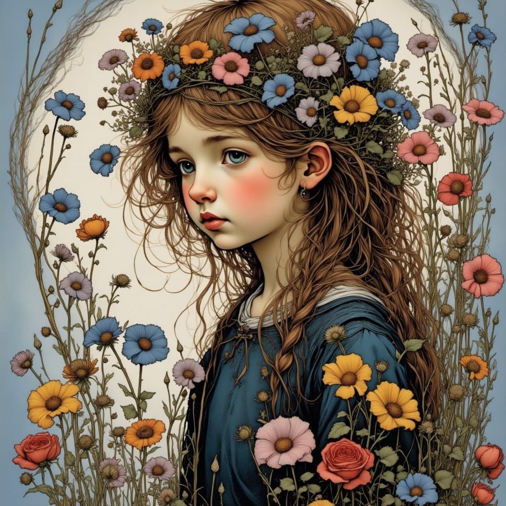 Dreamy English Countryside Portrait in Whimsical Art Nouveau...
