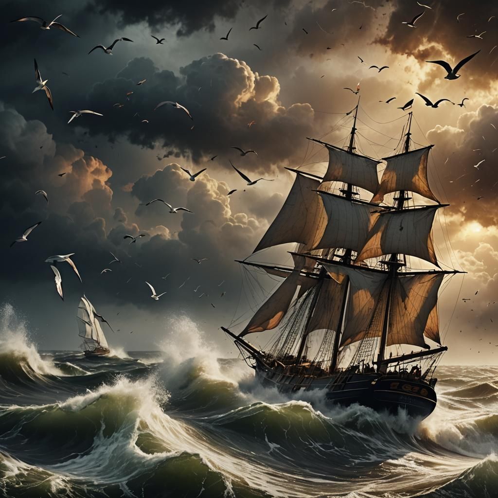 Sailboat on Stormy Sea with Earth in Dark Fantasy Style