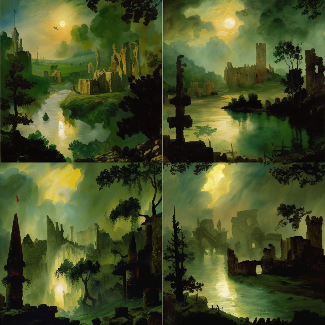 Medieval Castle Ruins: Impressionist Gouache Watercolor Pain...