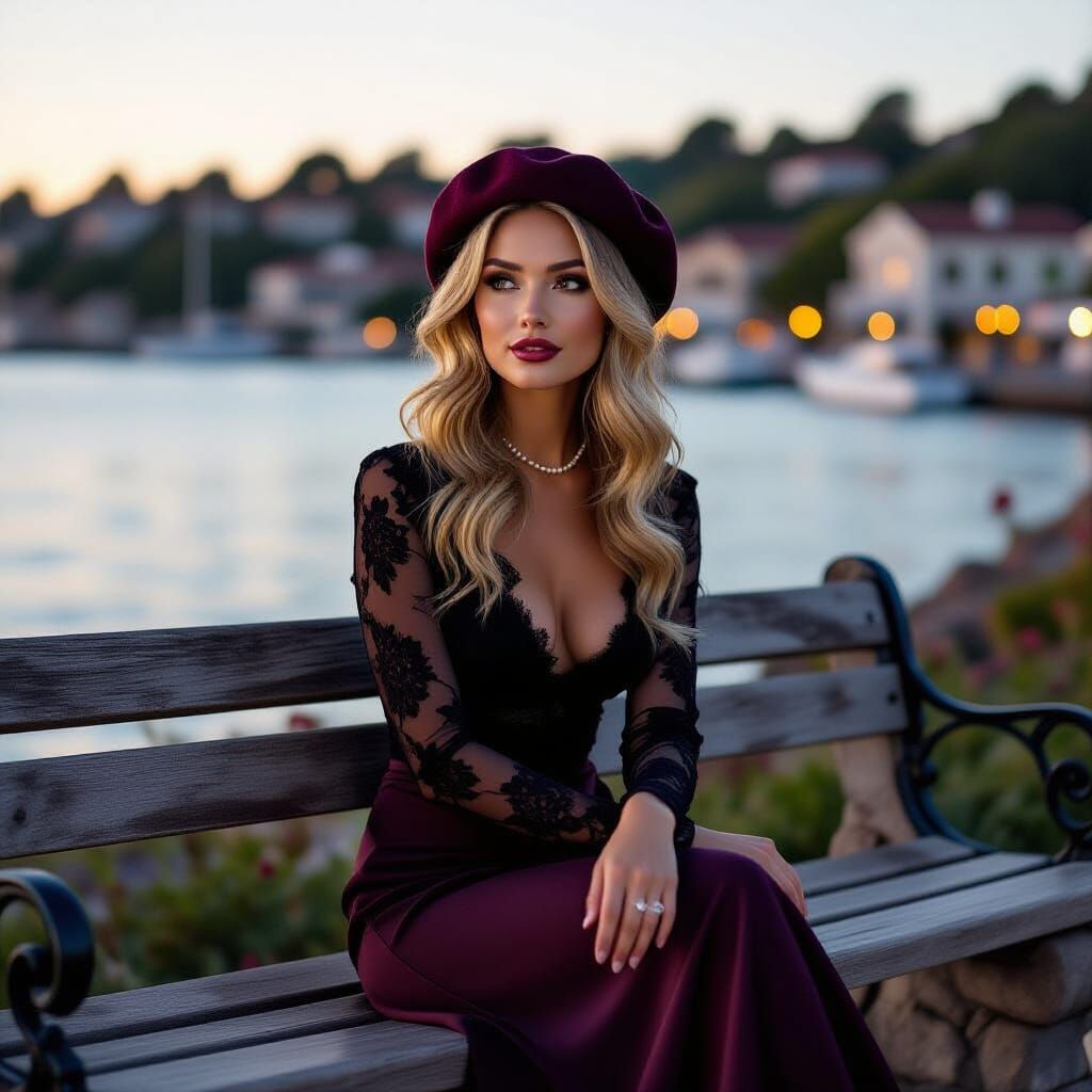 Radiant Woman Overlooking Harbor at Dusk