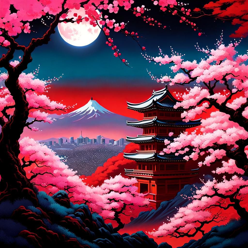 Cherry Blossom Blood Moon in Ukiyo-e Style