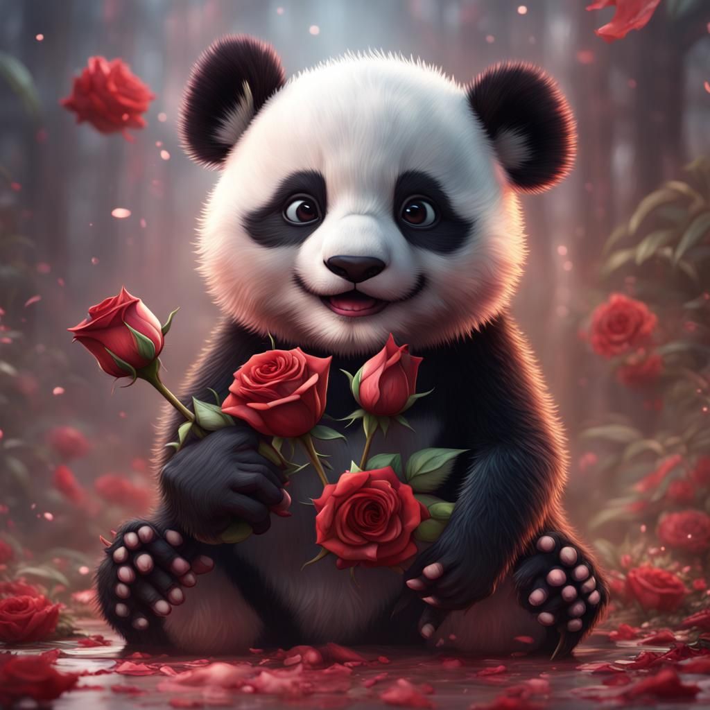 Baby Panda Offers a Rose: Detailed Matte Painting