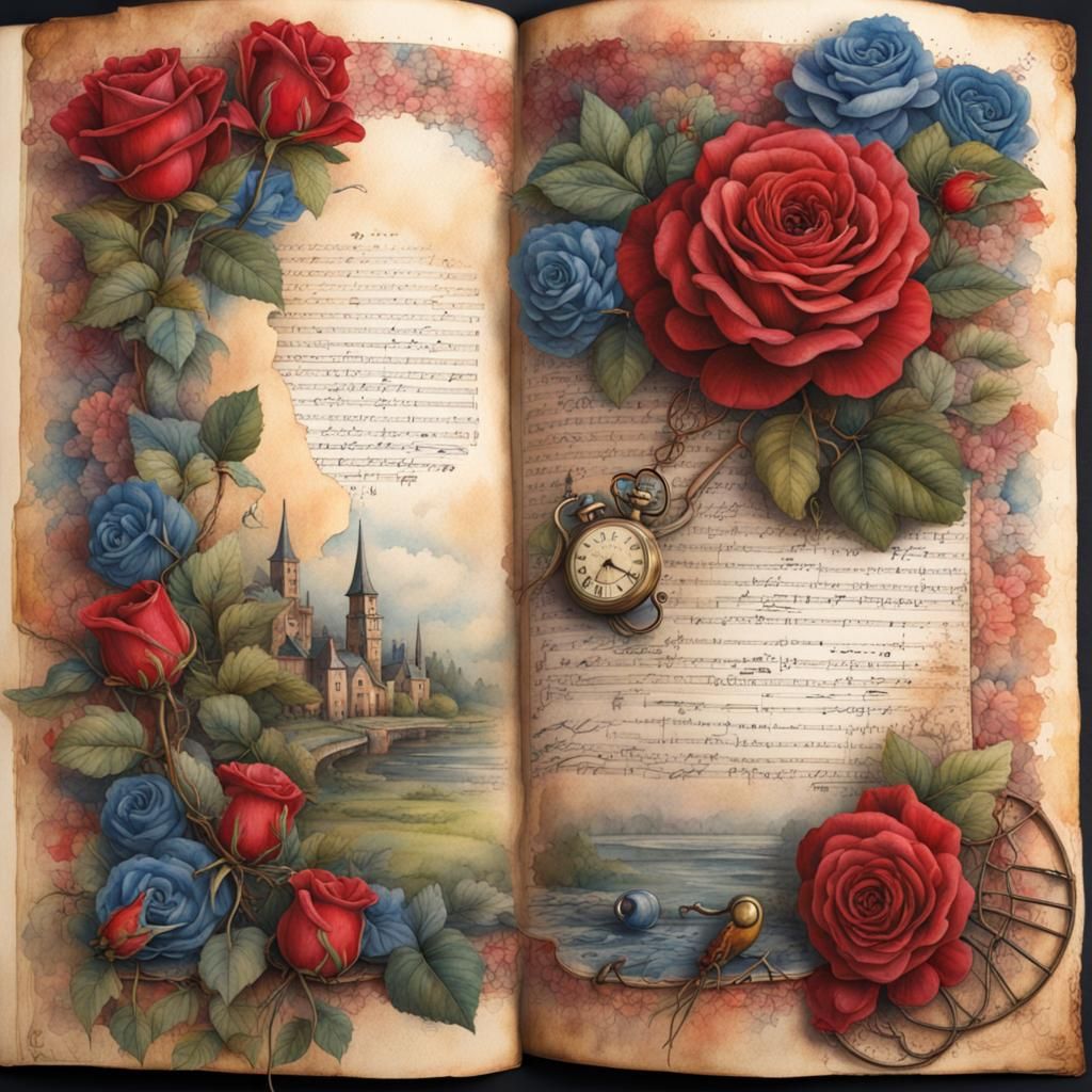 Floral Journal Page with River in Watercolor Style