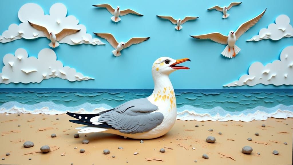 Lone Seagull Pleads for Help on Sandy Beach