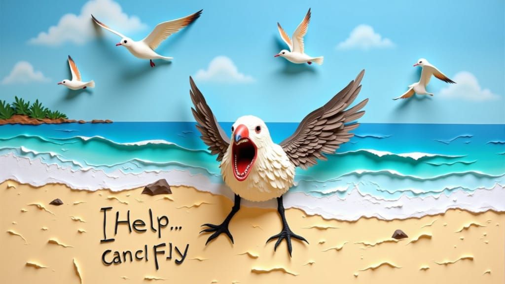 Wounded Bird Crashes on Sandy Beach, Surrounded by Soaring S...