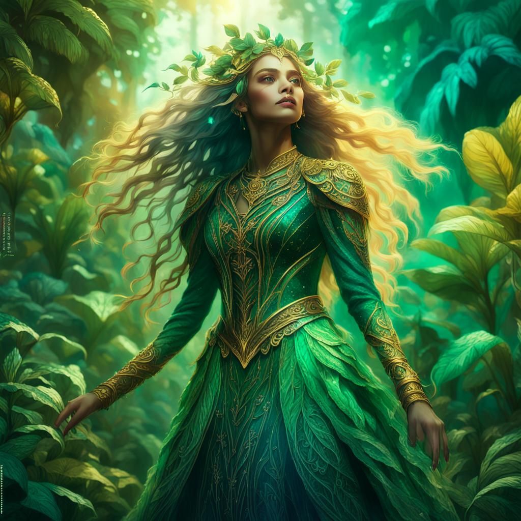 Ethereal Woman Among Glowing Plants in Art Nouveau Style