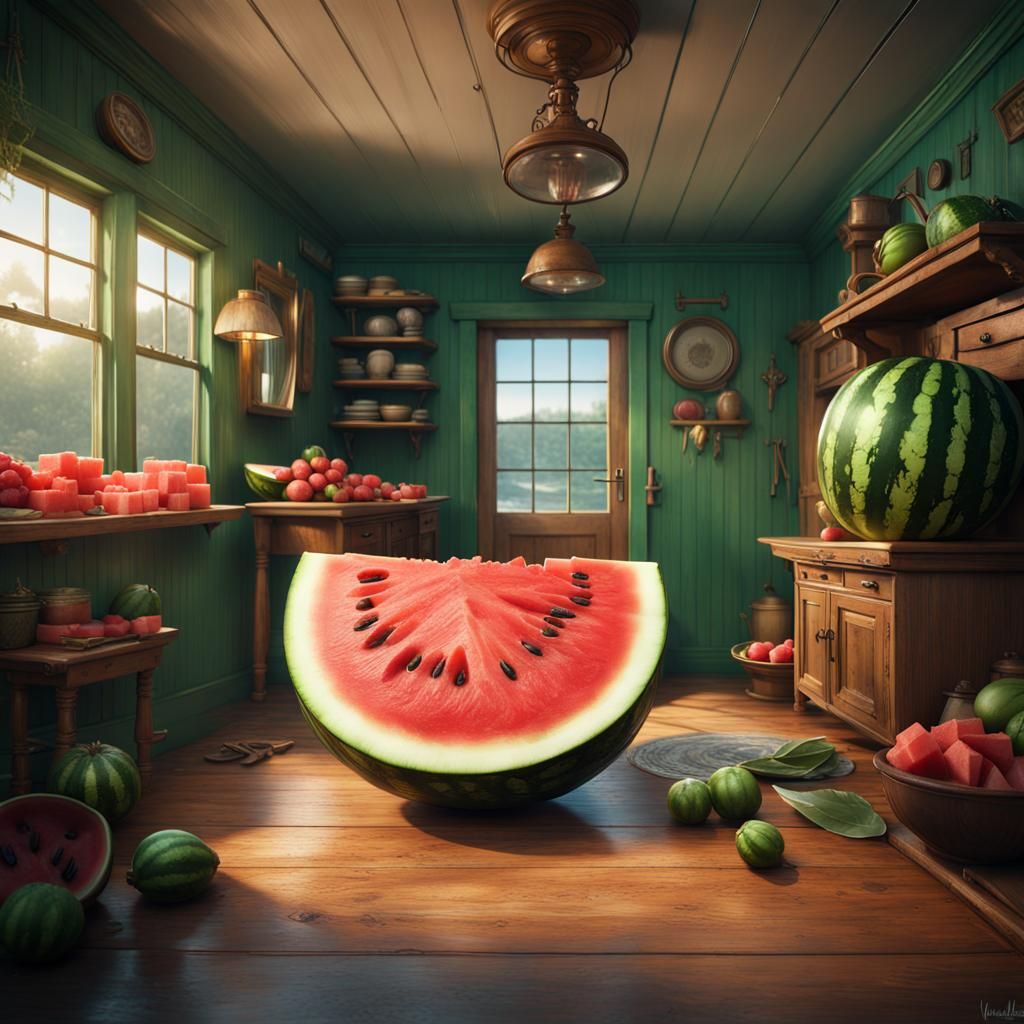 Humorous Watermelon Display in Fantastical Boat House