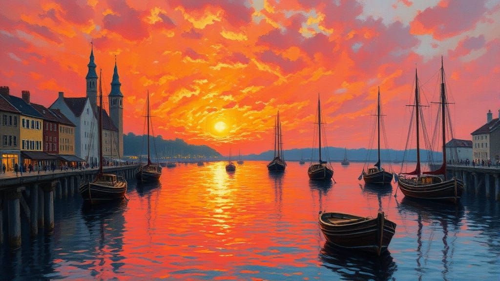 Medieval Harbour at Sunset in Monet-Inspired Style