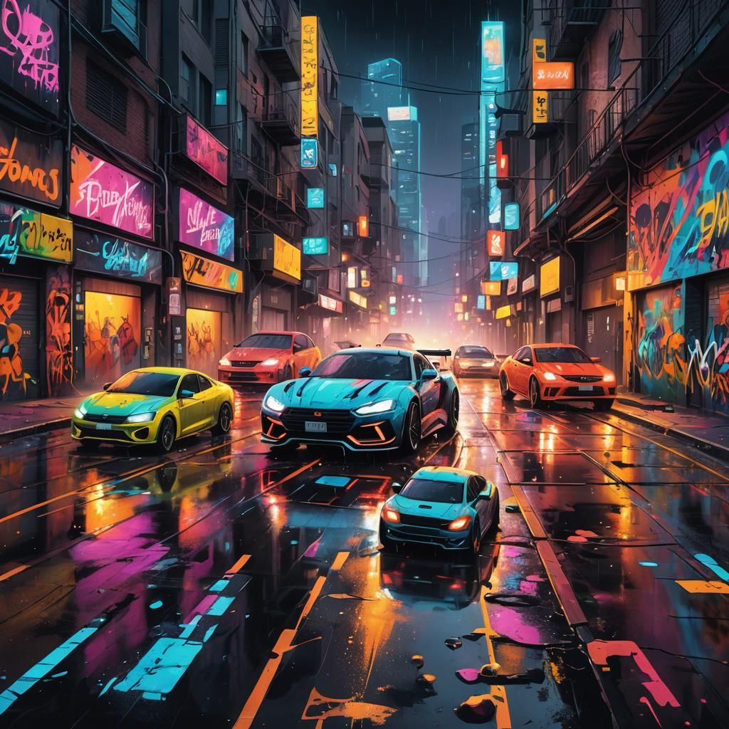 Futuristic Cars Race Through Sinagora in Graffiti Style