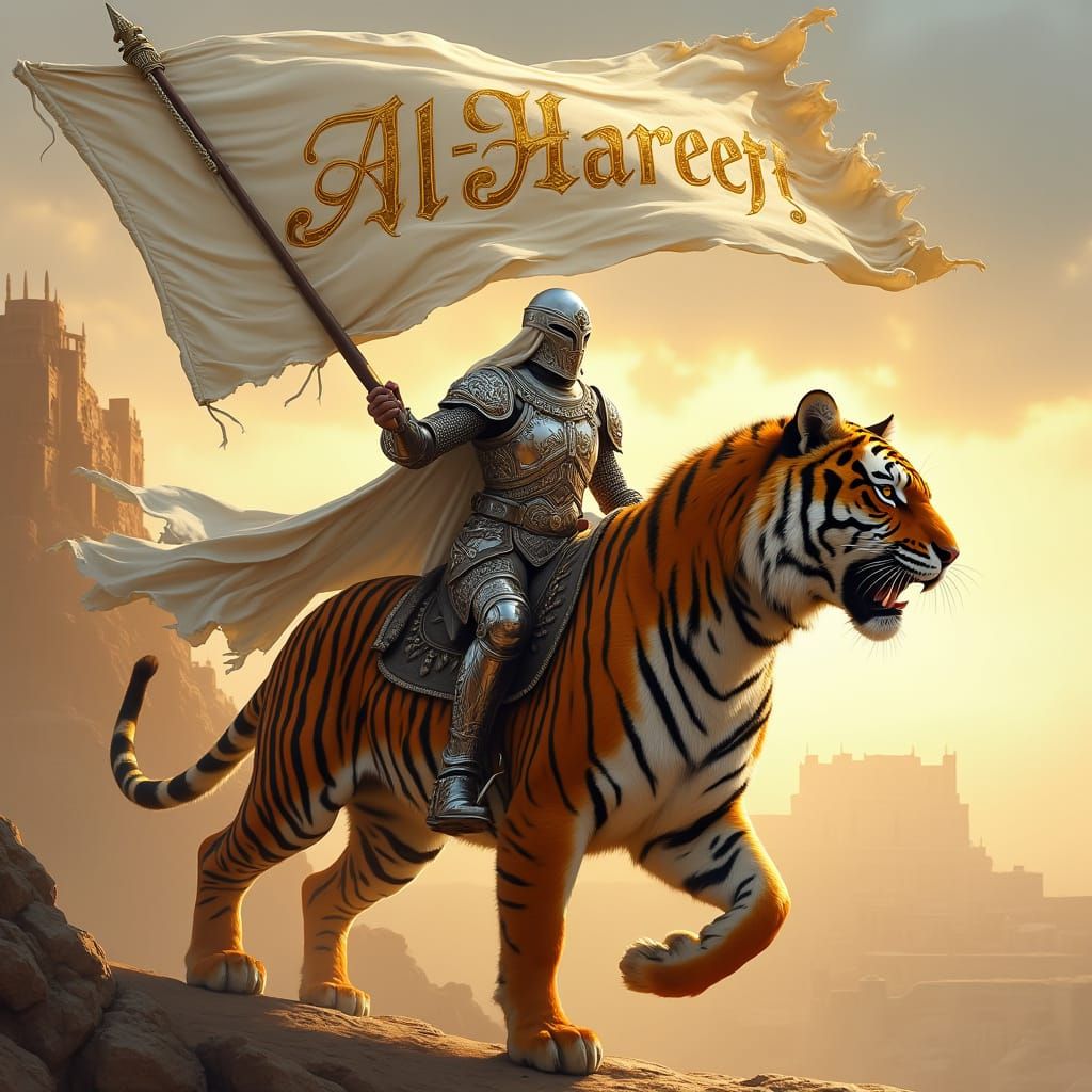 Regal Knight Rides Tiger with Golden Flag in Sunset Hues