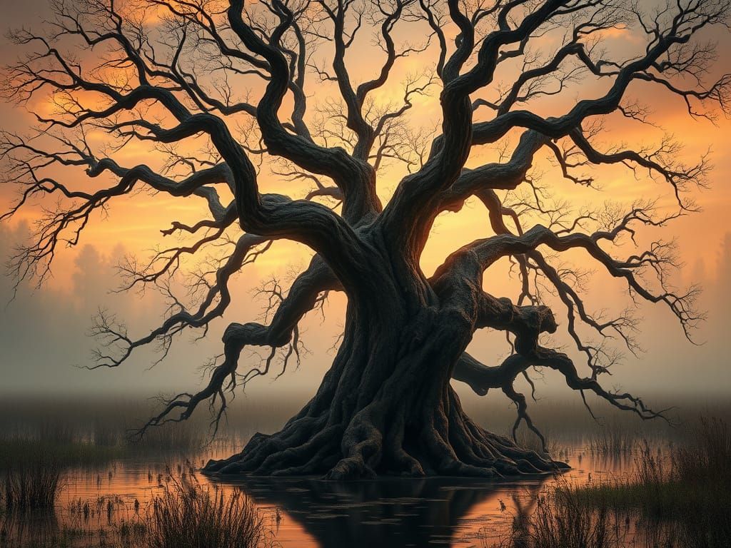 Twisted Ancient Swamp Oak in Mystical Wetlands