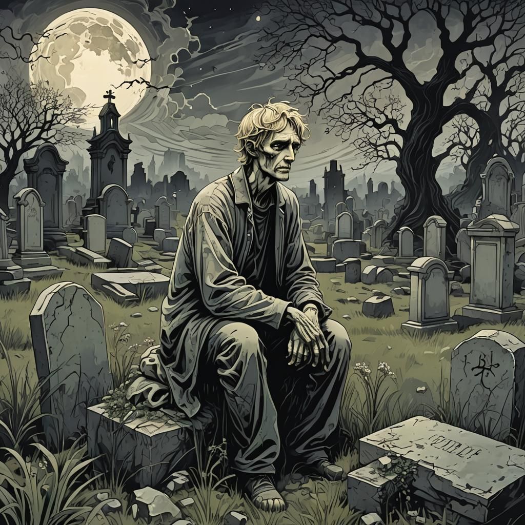 Distorted Graveyard Scene with Weeping Figure