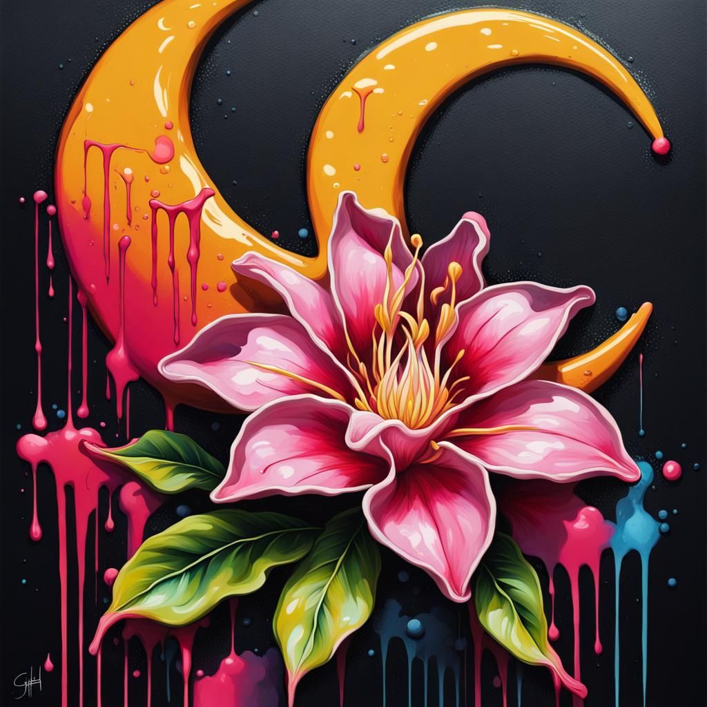 Honeysuckle Flower and Crescent Moon in Graffiti Art