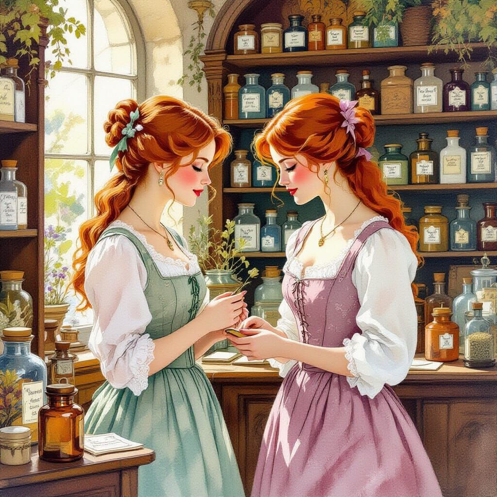 Ladies Browse Apothecary with Bard in Gouache Style