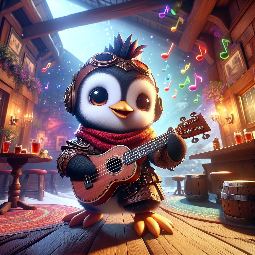 Chibi Penguin Bard Strums Ukulele in Cozy Pub