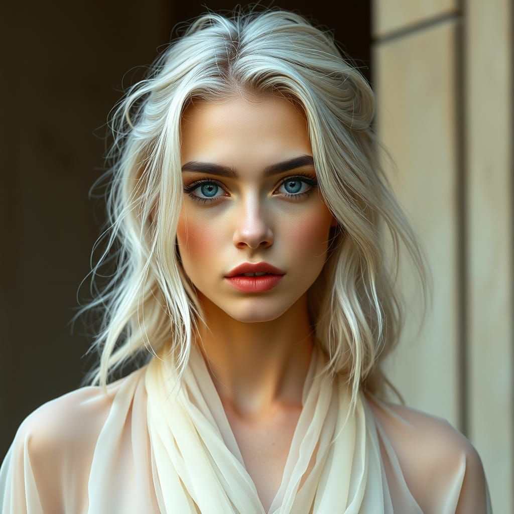 Ethereal Silver-Haired Siren in Flowing Gowns