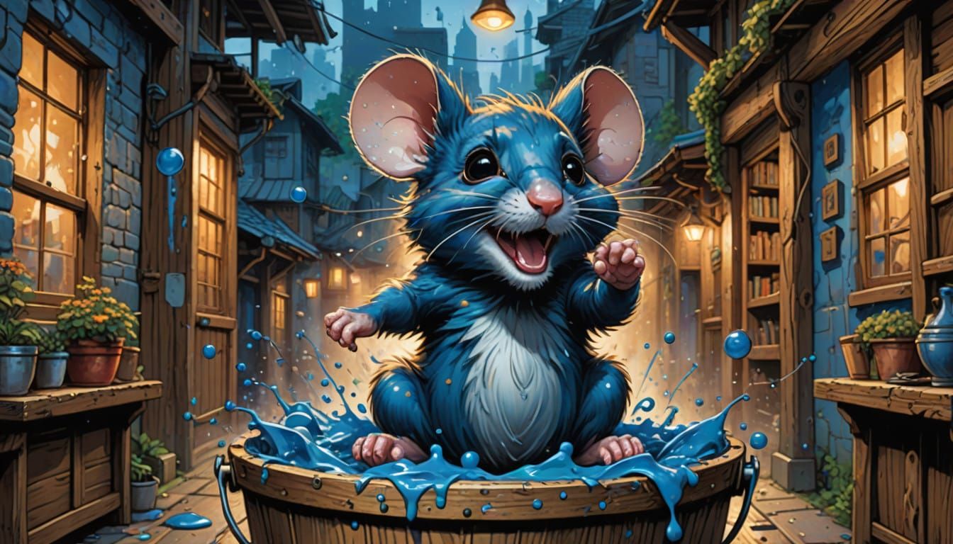 Joyful Mouse Submerged in Vibrant Blue Paint