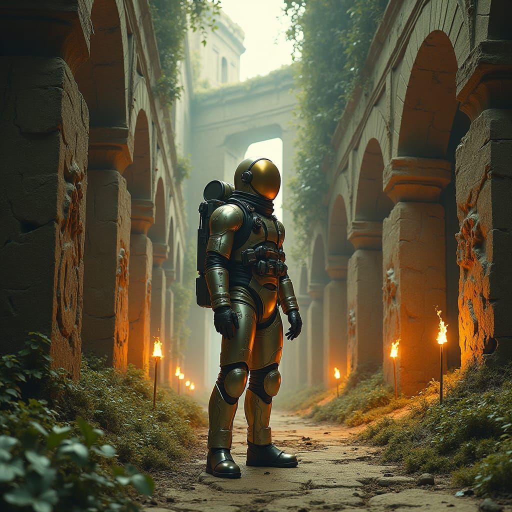 Astronaut Exploring Ancient Ruins in Sci-Fi Style