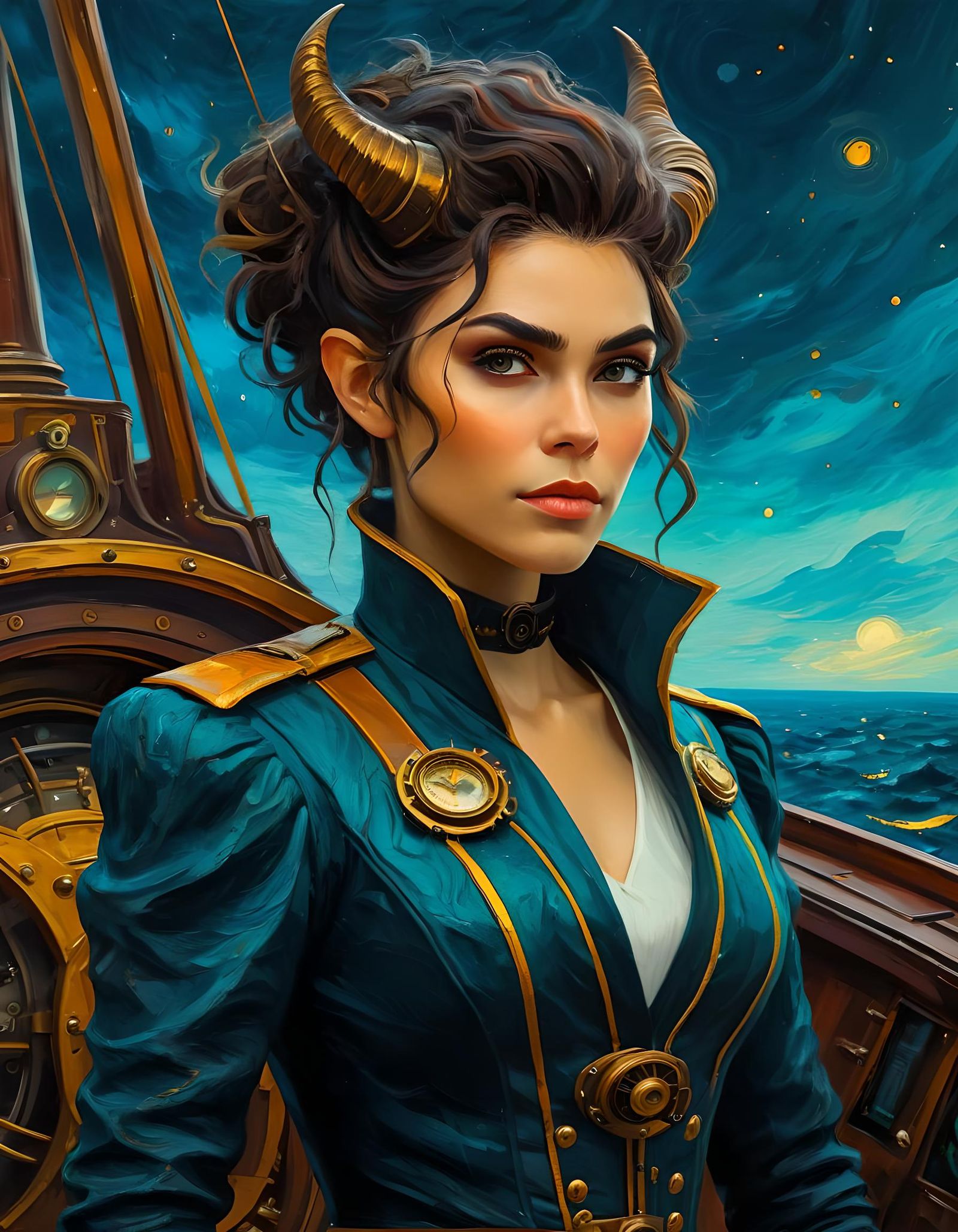 Tiefling on Steampunk Spaceship Deck as Impasto Painting