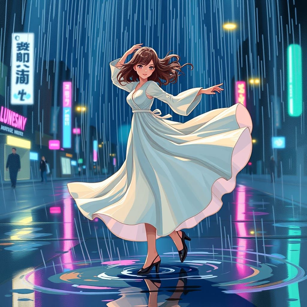 Woman Dancing in Rainstorm, Whimsical & Neon Style