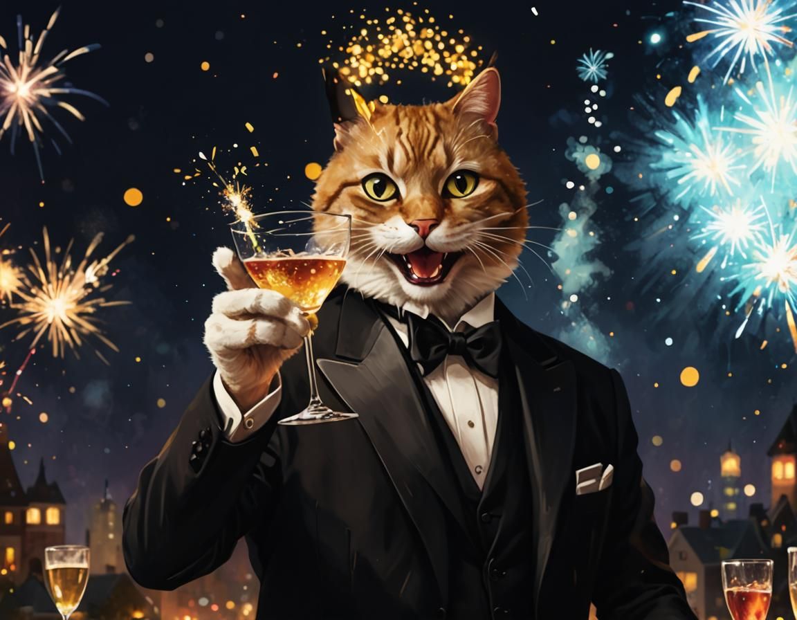 Anthropomorphic Cat Celebrates with Fireworks, Digital Art