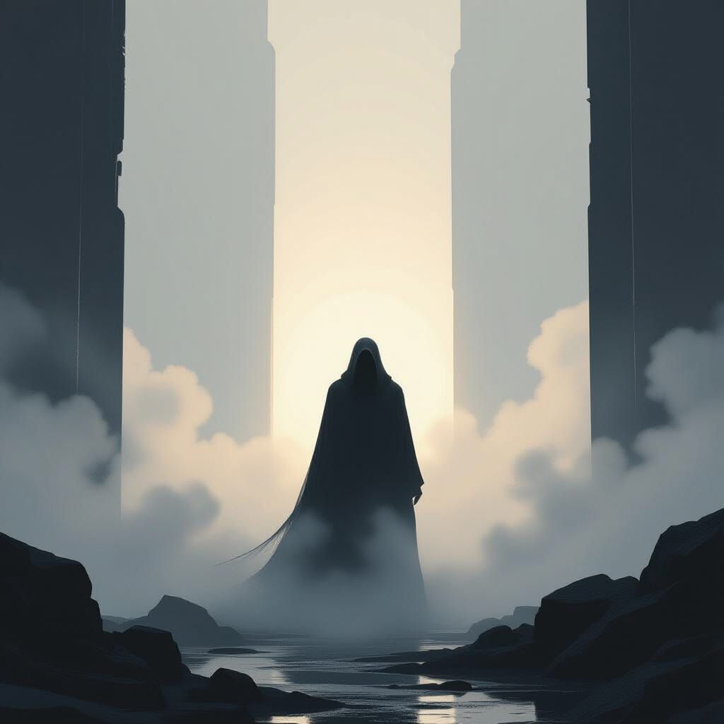 Figure in Mist Contrasting Light and Darkness