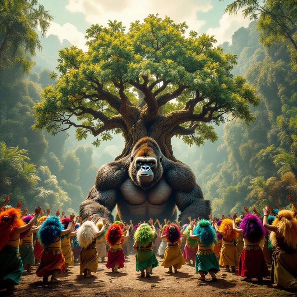 Hyper-Realistic Tree with Dancing Trolls and Gorilla