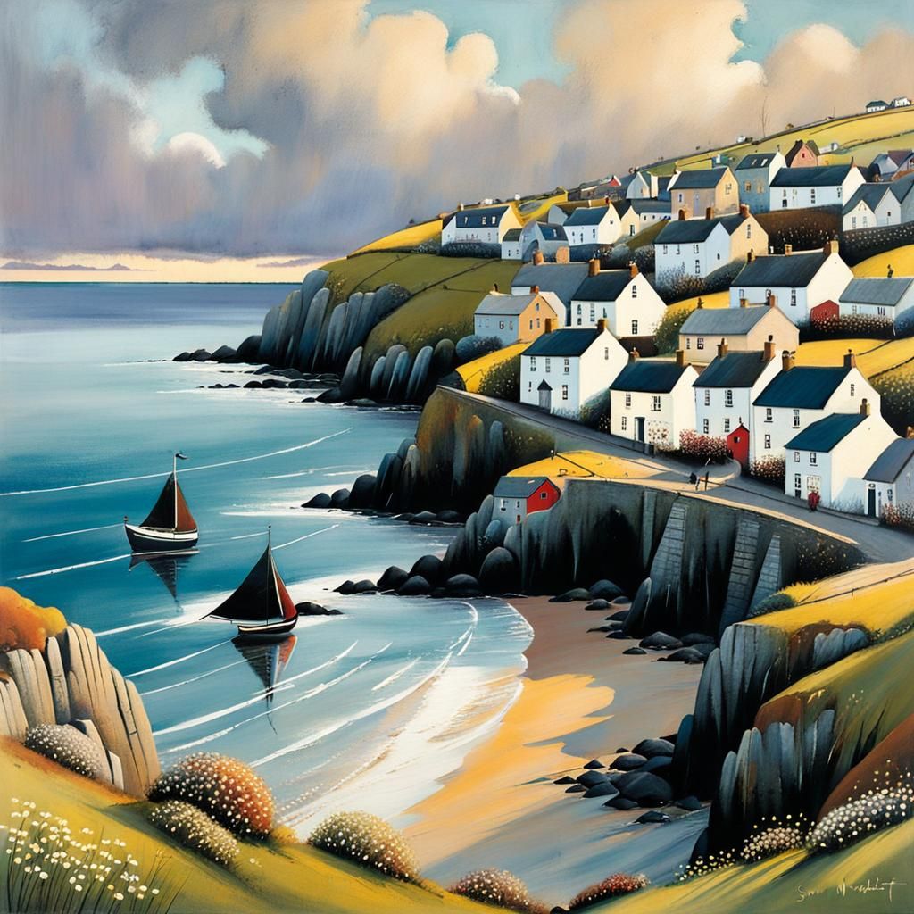 Cornwall Coastal Town in Evening Light, Illustration
