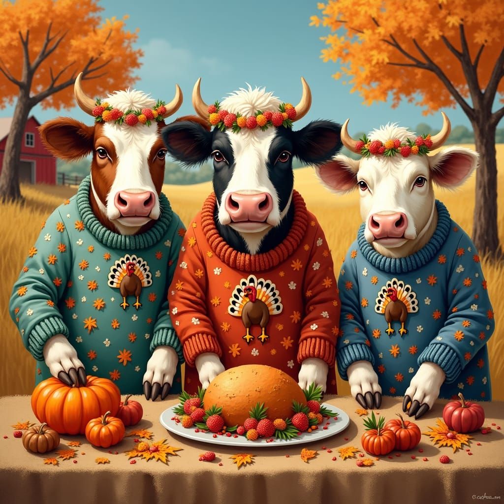 Festive Thanksgiving Cows in Folk Art Style