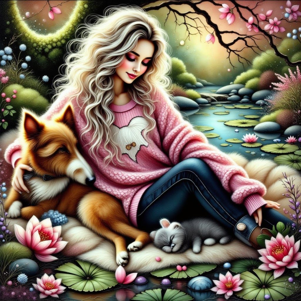 Woman in Lush Garden with Curly Hair and Pets