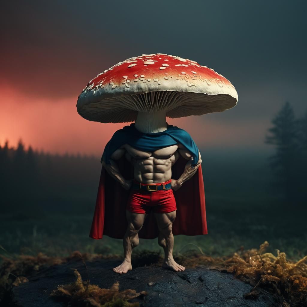 Heroic Mushroom in Cape: Cinematic Film Still