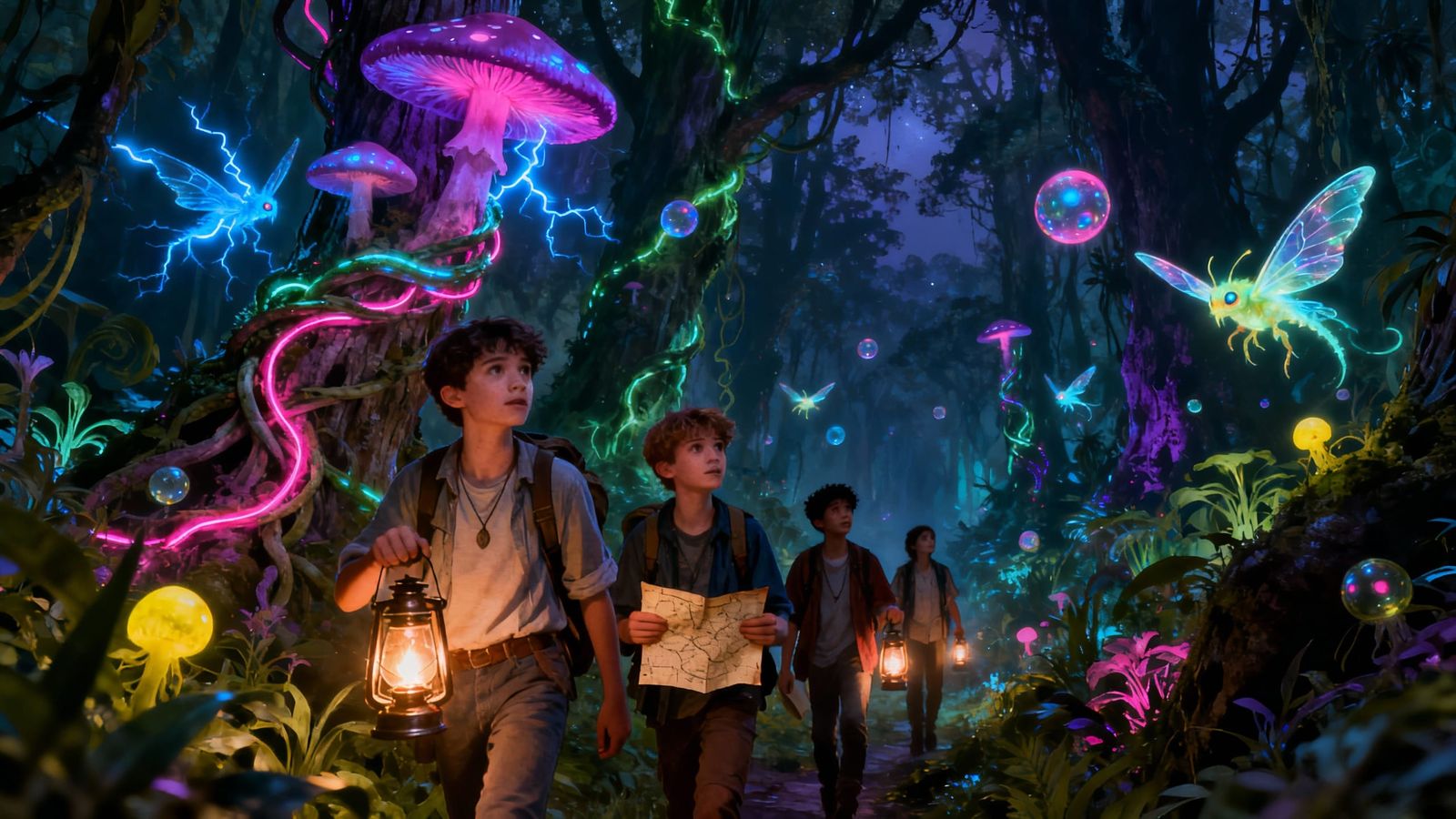 Teens Explore Glowing Jungle at Night