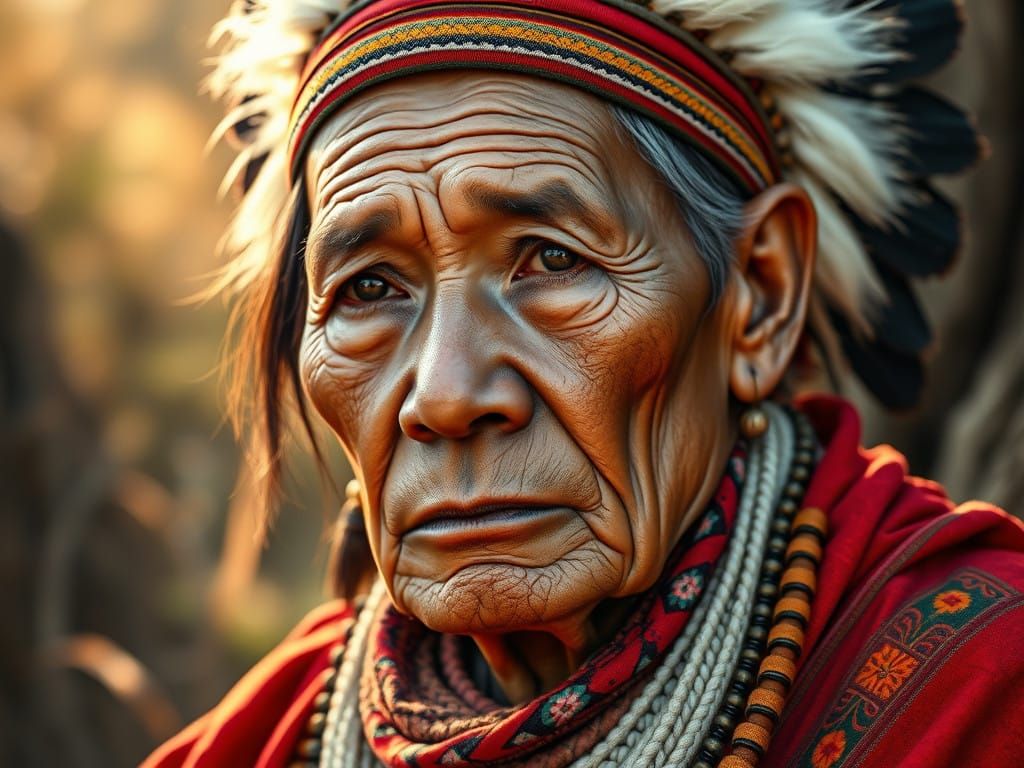 Serenely Attired Indigenous Elder in Cultural Heritage Splen...