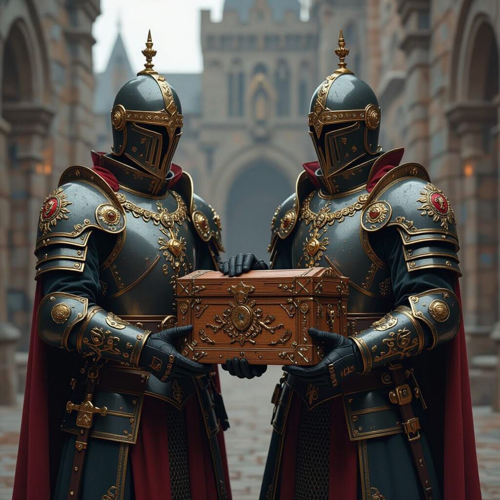Armored Guards Holding a Box in Digital Art Style