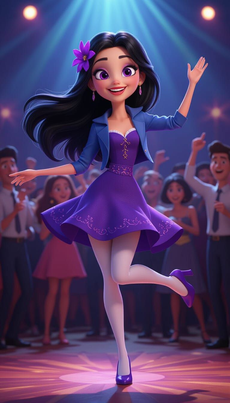 Cartoon Woman Dancing in Vibrant Party Crowd