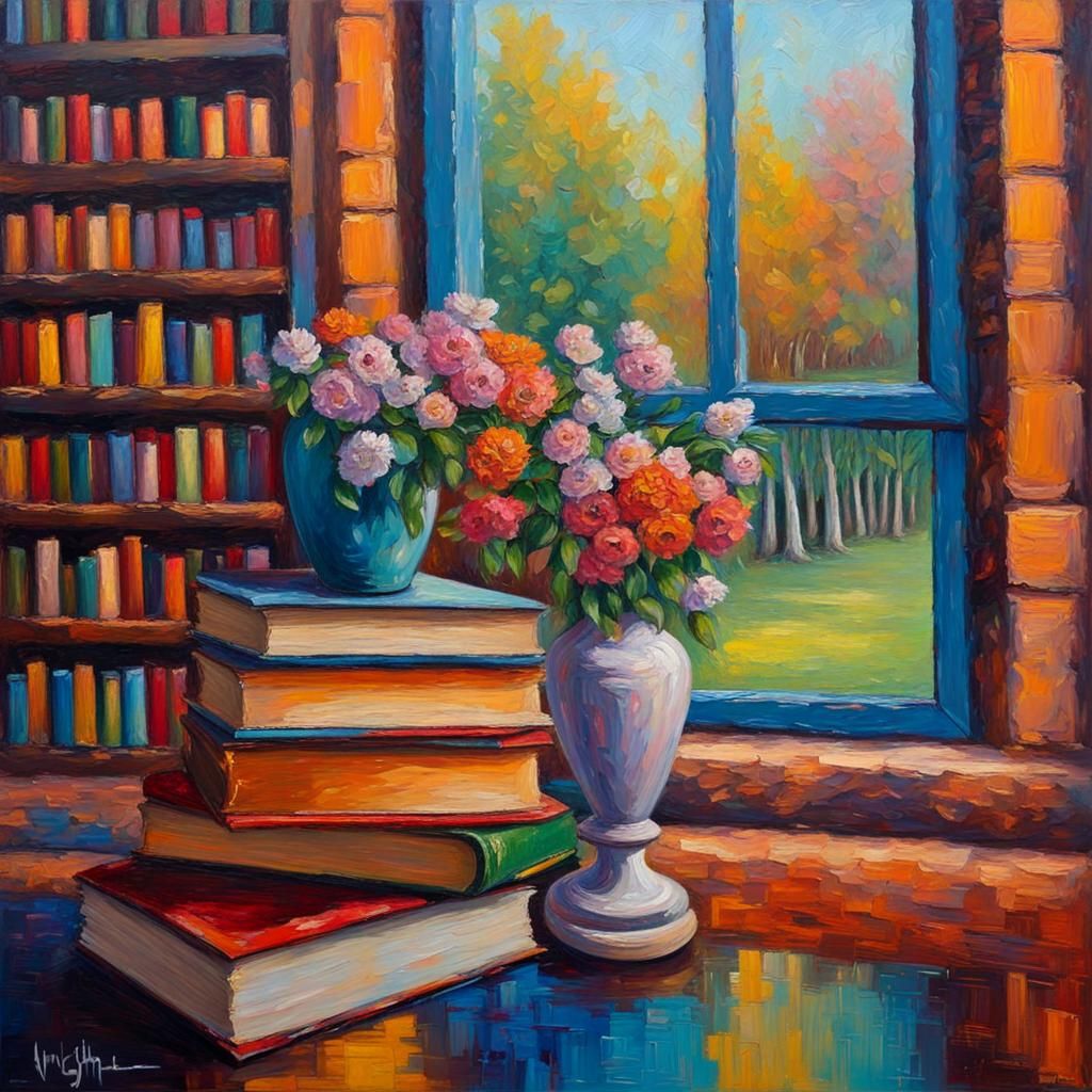 Colorful Books in Temple, Neo-Impressionist Style