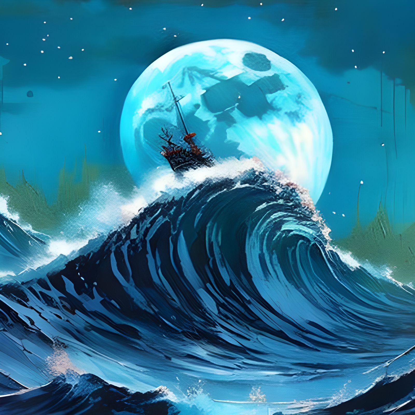 Epic Blue Waves Under Luminous Moon
