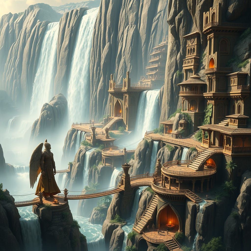 Ethereal City on a Cliffside, Winged Humanoids in a Fantasti...