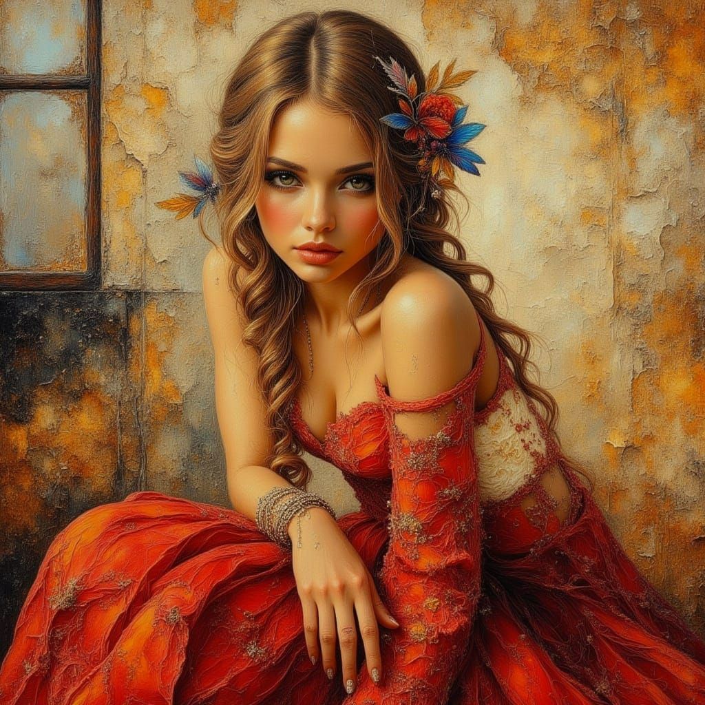 Love's Reunion: Impasto Portrait in Tan and Red