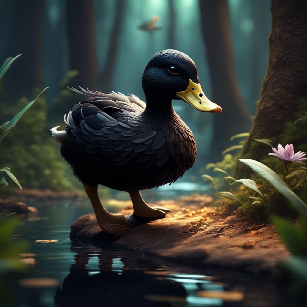 Cute Black Duck in a Fairy Forest