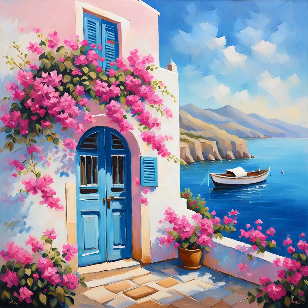 A picturesque scene of a Mediterranean coastal village. The ...